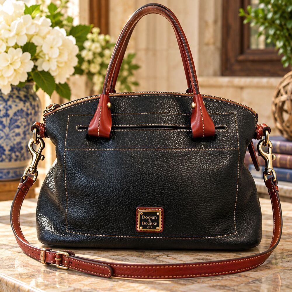 Dooney & Bourke Black Pebbled Leather Satchel Bag Brown Trim Crossbody